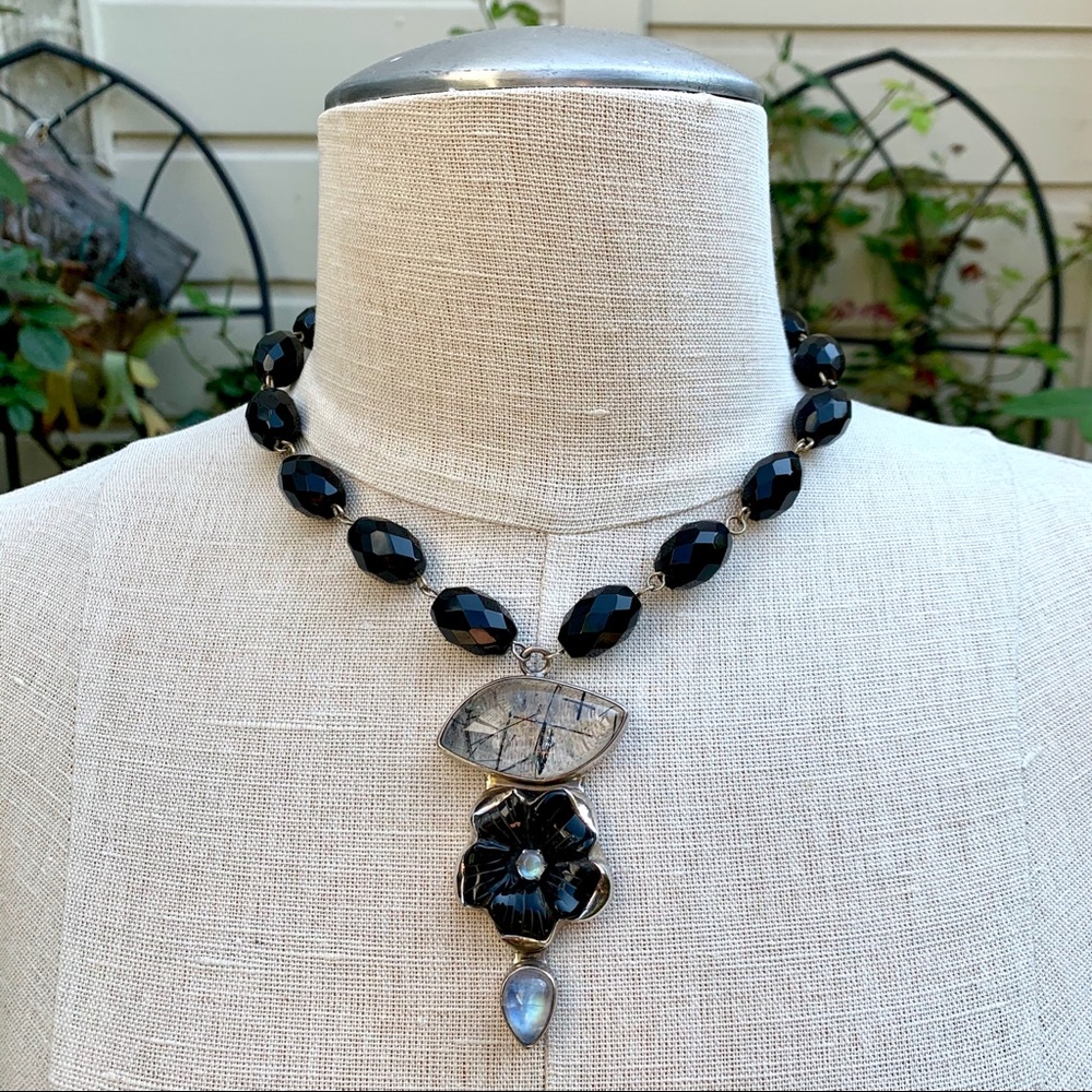 Custom One-of-a-Kind Floral Necklace Black & Silver